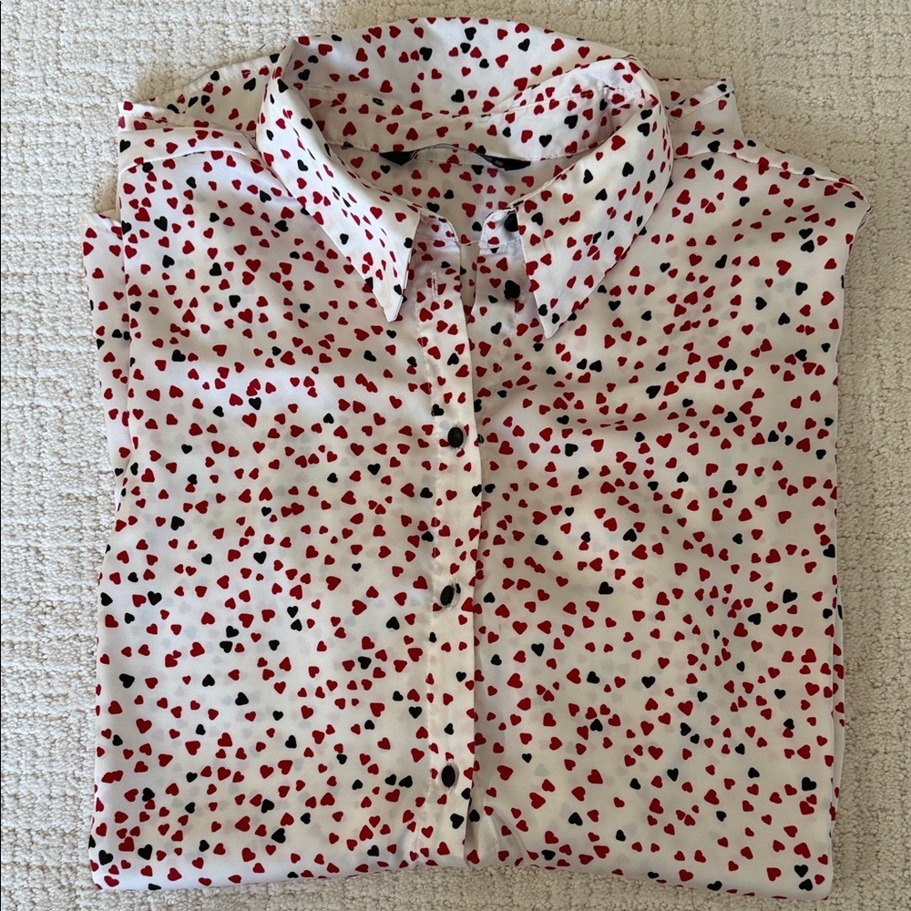 Zara‎ Heart Print Button Down Shirt White Red Black Long Sleeve Blouse Large